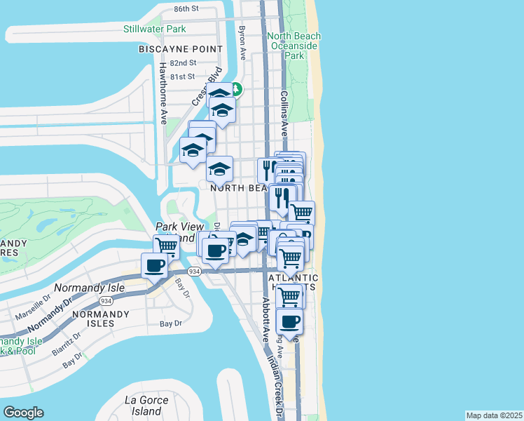 map of restaurants, bars, coffee shops, grocery stores, and more near 7418 Harding Avenue in Miami Beach