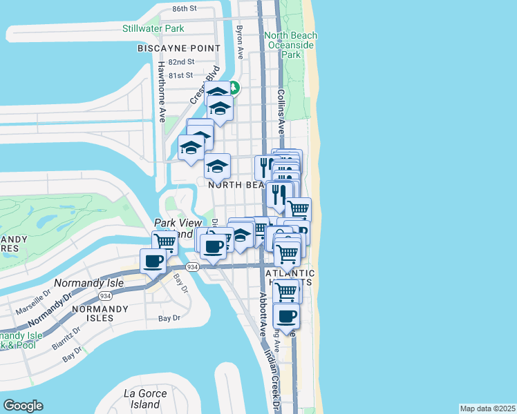 map of restaurants, bars, coffee shops, grocery stores, and more near 7418 Harding Avenue in Miami Beach