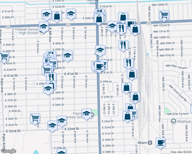 map of restaurants, bars, coffee shops, grocery stores, and more near in Hialeah