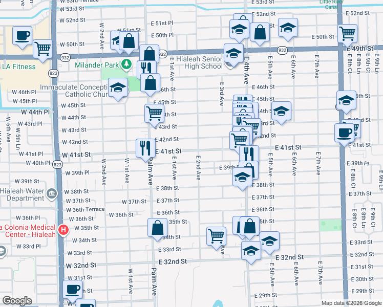 map of restaurants, bars, coffee shops, grocery stores, and more near 125 East 41st Street in Hialeah