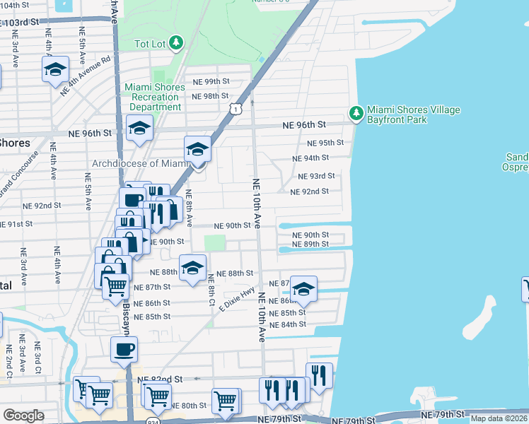 map of restaurants, bars, coffee shops, grocery stores, and more near 1010 Northeast 92nd Street in Miami Shores