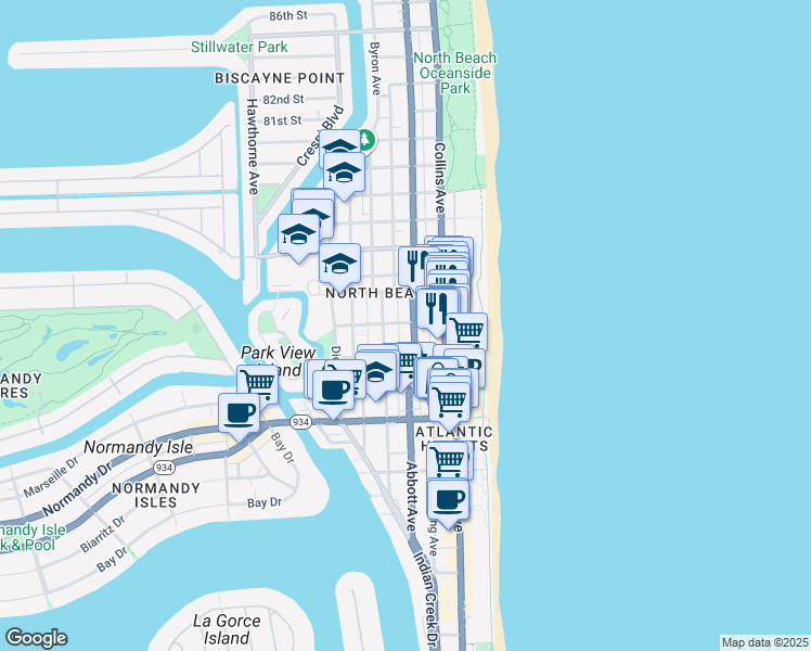 map of restaurants, bars, coffee shops, grocery stores, and more near 7418 Harding Avenue in Miami Beach