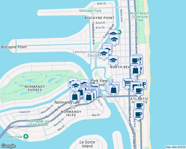 map of restaurants, bars, coffee shops, grocery stores, and more near 7446 Gary Avenue in Miami Beach