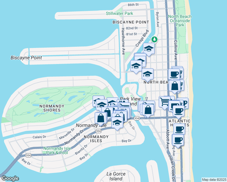 map of restaurants, bars, coffee shops, grocery stores, and more near 187 North Shore Drive in Miami Beach
