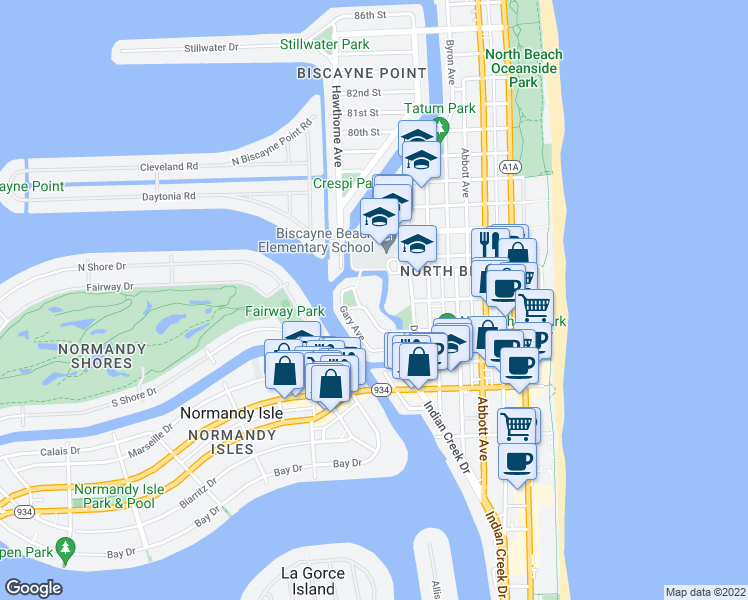 map of restaurants, bars, coffee shops, grocery stores, and more near 7441 Wayne Avenue in Miami Beach
