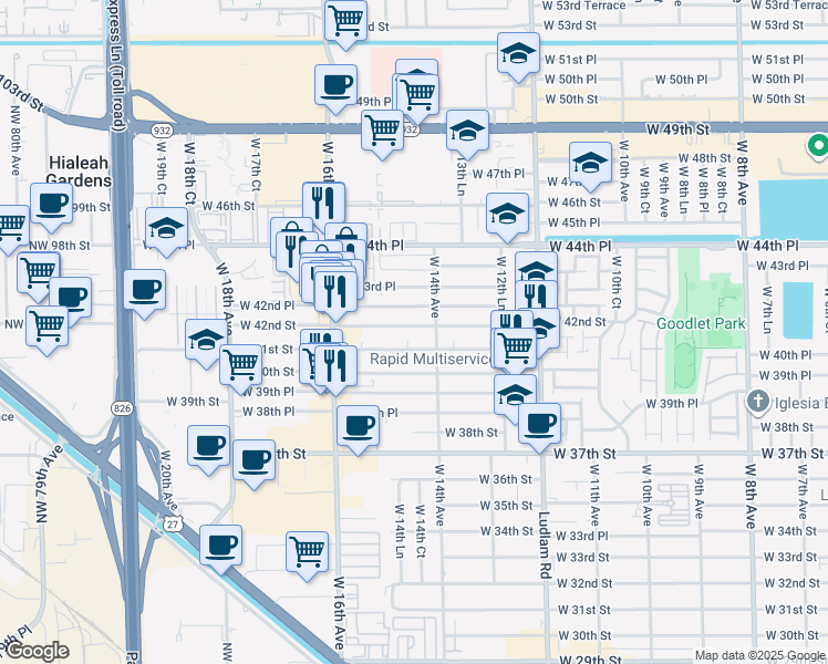 map of restaurants, bars, coffee shops, grocery stores, and more near 1421 West 42nd Street in Hialeah