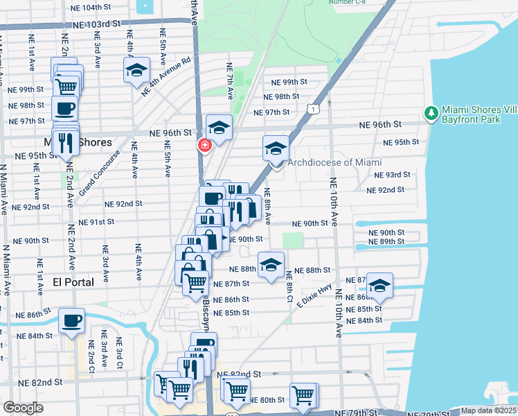 map of restaurants, bars, coffee shops, grocery stores, and more near 717 Northeast 91st Street in Miami Shores