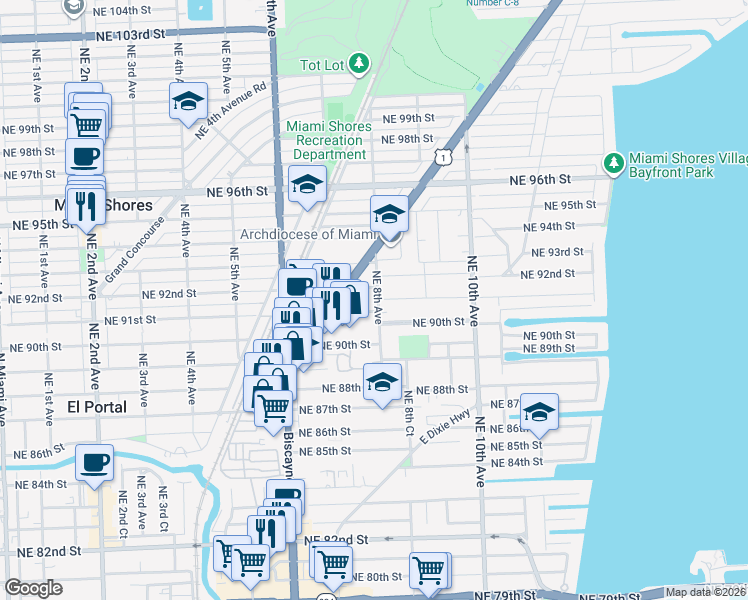 map of restaurants, bars, coffee shops, grocery stores, and more near 806 Northeast 92nd Street in Miami Shores