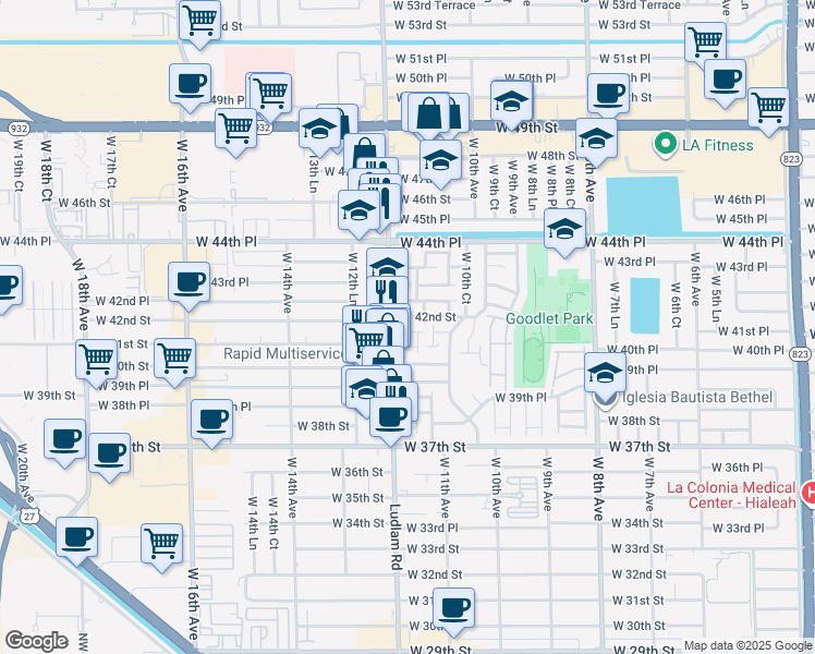 map of restaurants, bars, coffee shops, grocery stores, and more near 1133 West 42nd Street in Hialeah