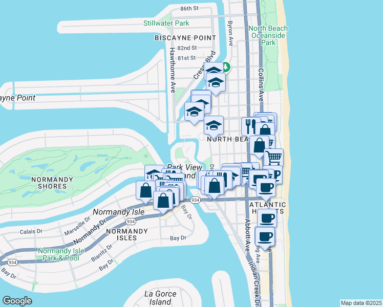 map of restaurants, bars, coffee shops, grocery stores, and more near 7441 Wayne Avenue in Miami Beach