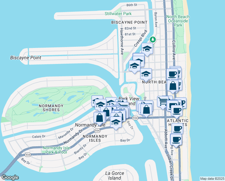 map of restaurants, bars, coffee shops, grocery stores, and more near 187 North Shore Drive in Miami Beach