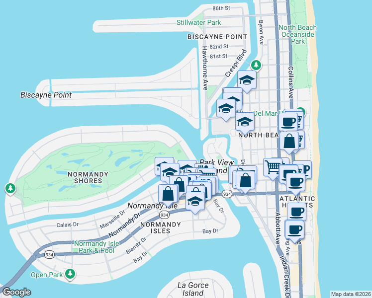 map of restaurants, bars, coffee shops, grocery stores, and more near 187 North Shore Drive in Miami Beach