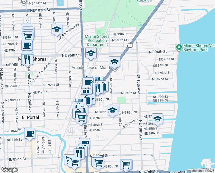 map of restaurants, bars, coffee shops, grocery stores, and more near 806 Northeast 92nd Street in Miami Shores