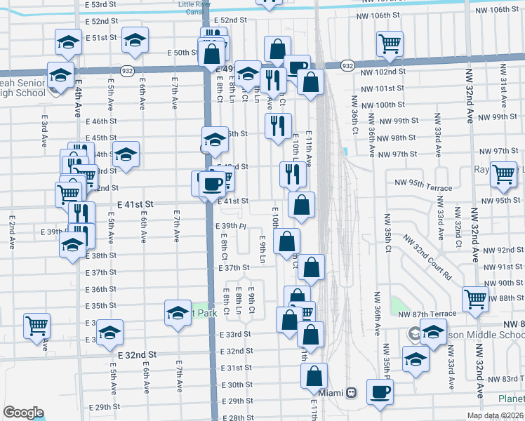 map of restaurants, bars, coffee shops, grocery stores, and more near 930 East 41st Street in Hialeah