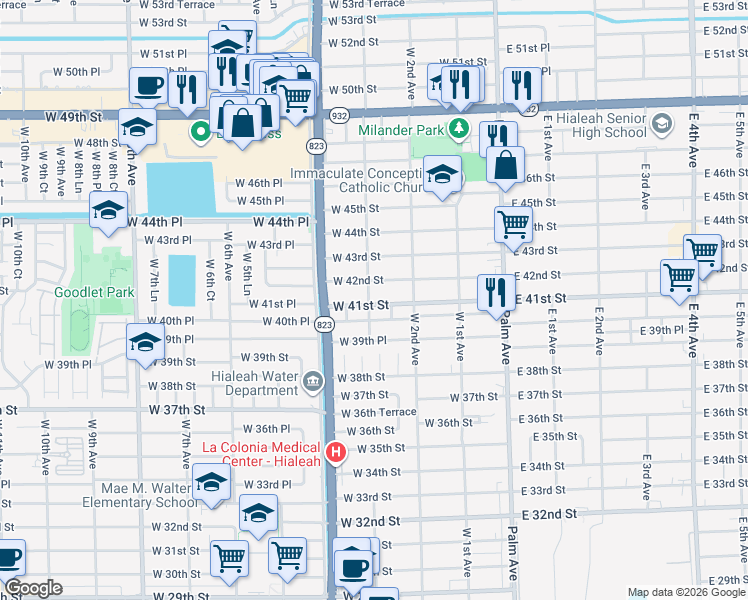 map of restaurants, bars, coffee shops, grocery stores, and more near 316 West 42nd Street in Hialeah