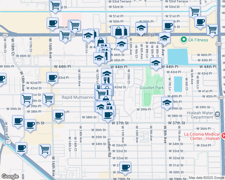 map of restaurants, bars, coffee shops, grocery stores, and more near 1133 West 42nd Street in Hialeah