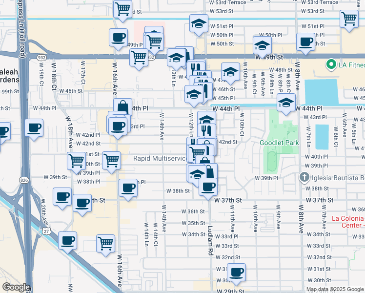 map of restaurants, bars, coffee shops, grocery stores, and more near 1281 West 42nd Street in Hialeah