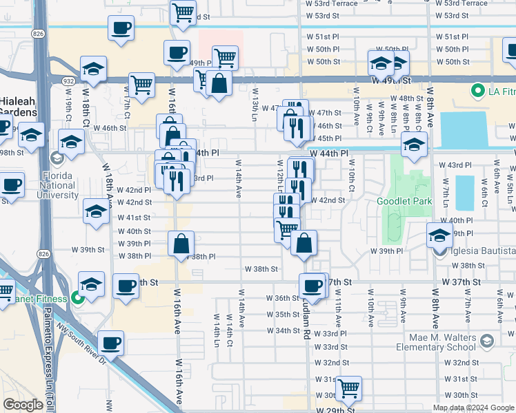 map of restaurants, bars, coffee shops, grocery stores, and more near 1362 West 42nd Place in Hialeah