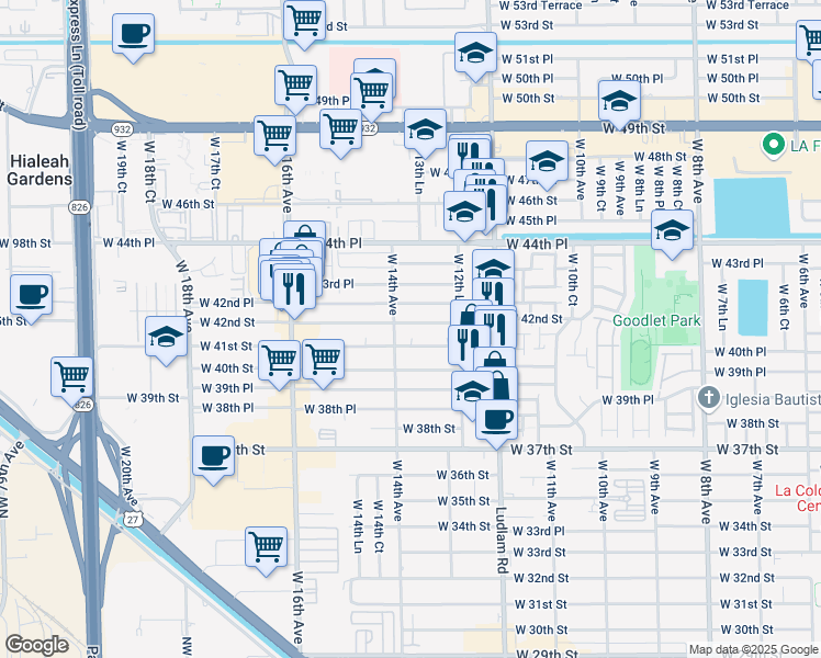 map of restaurants, bars, coffee shops, grocery stores, and more near 1362 West 42nd Place in Hialeah
