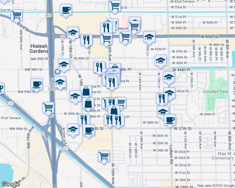 map of restaurants, bars, coffee shops, grocery stores, and more near in Hialeah