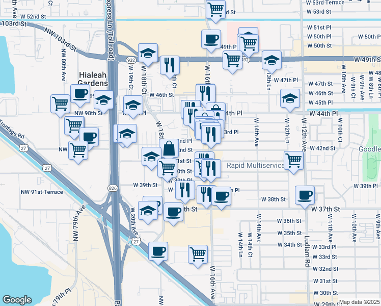 map of restaurants, bars, coffee shops, grocery stores, and more near 1645 West 42nd Street in Hialeah