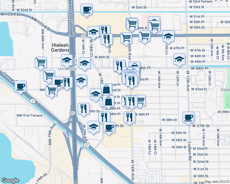 map of restaurants, bars, coffee shops, grocery stores, and more near 1743 West 42nd Street in Hialeah