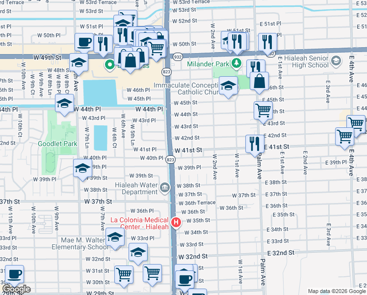 map of restaurants, bars, coffee shops, grocery stores, and more near 316 West 42nd Street in Hialeah