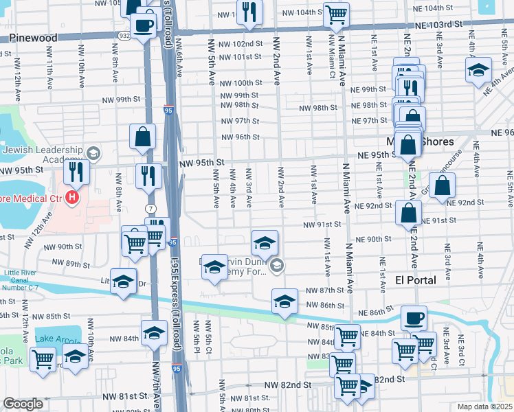 map of restaurants, bars, coffee shops, grocery stores, and more near 273 Northwest 92nd Street in Miami Shores
