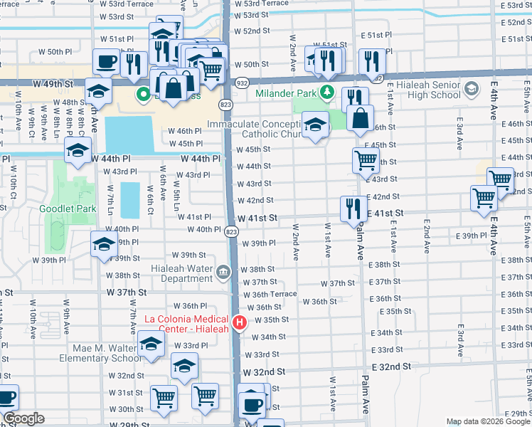 map of restaurants, bars, coffee shops, grocery stores, and more near 316 West 42nd Street in Hialeah