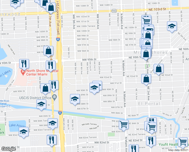map of restaurants, bars, coffee shops, grocery stores, and more near 241 Northwest 92nd Street in Miami