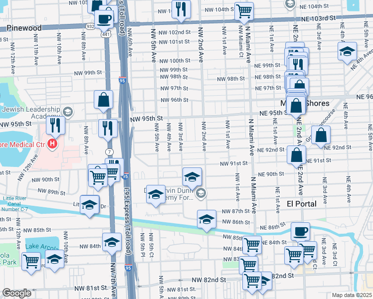 map of restaurants, bars, coffee shops, grocery stores, and more near 290 Northwest 93rd Street in Miami Shores