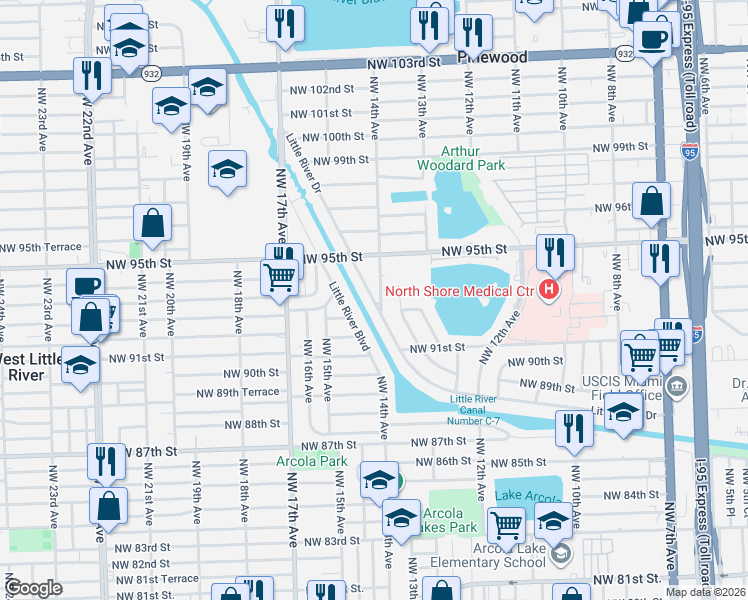 map of restaurants, bars, coffee shops, grocery stores, and more near 9325 Northwest 14th Avenue in Miami