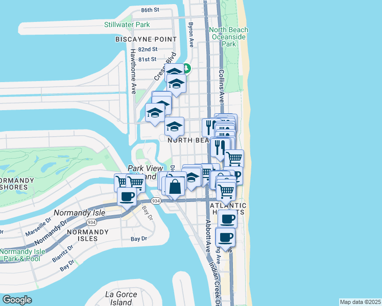 map of restaurants, bars, coffee shops, grocery stores, and more near in Miami Beach