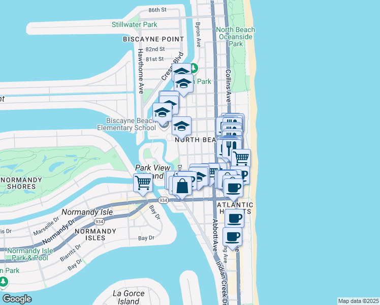 map of restaurants, bars, coffee shops, grocery stores, and more near in Miami Beach