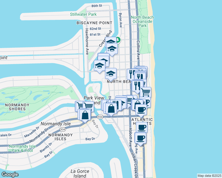 map of restaurants, bars, coffee shops, grocery stores, and more near 7445 Dickens Avenue in Miami Beach