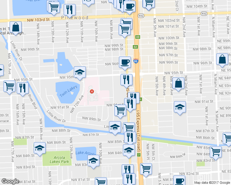 map of restaurants, bars, coffee shops, grocery stores, and more near 9241 Northwest 8th Avenue in Miami