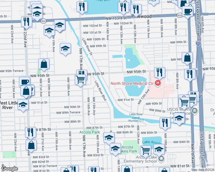 map of restaurants, bars, coffee shops, grocery stores, and more near 9325 Northwest 14th Avenue in Miami