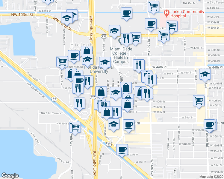 map of restaurants, bars, coffee shops, grocery stores, and more near 4199 West 19th Avenue in Hialeah