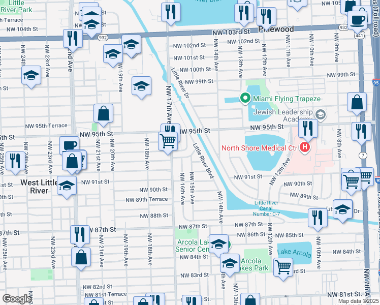 map of restaurants, bars, coffee shops, grocery stores, and more near 1555 Northwest 93rd Terrace in Miami