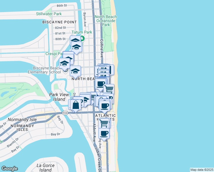 map of restaurants, bars, coffee shops, grocery stores, and more near 7419 Florida A1A in Miami Beach