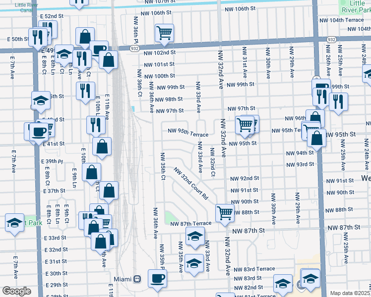 map of restaurants, bars, coffee shops, grocery stores, and more near 3379 Northwest 94th Terrace in Miami