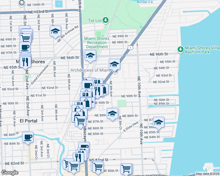 map of restaurants, bars, coffee shops, grocery stores, and more near 806 Northeast 92nd Street in Miami Shores