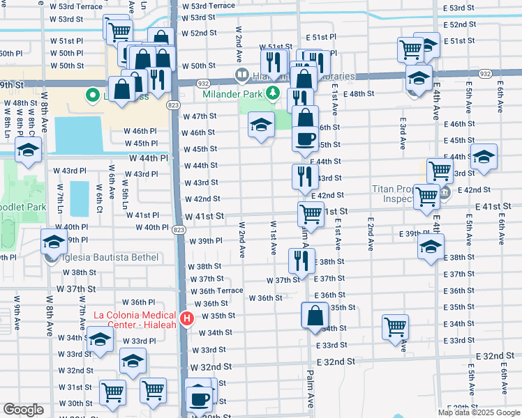 map of restaurants, bars, coffee shops, grocery stores, and more near 162 West 42nd Street in Hialeah