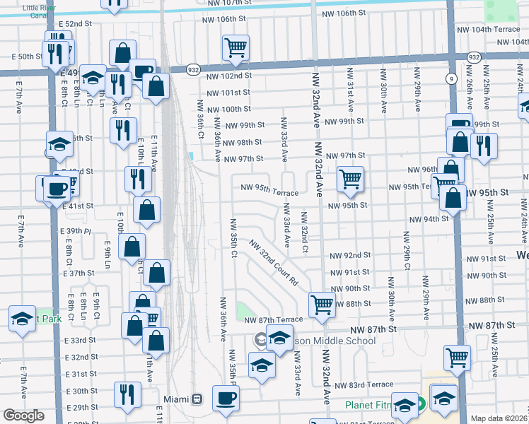map of restaurants, bars, coffee shops, grocery stores, and more near 3393 Northwest 94th Terrace in Miami