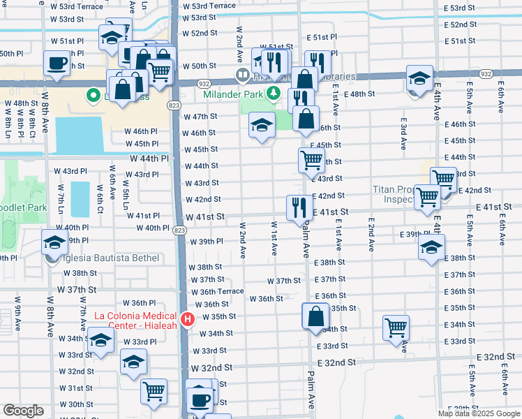 map of restaurants, bars, coffee shops, grocery stores, and more near 162 West 42nd Street in Hialeah