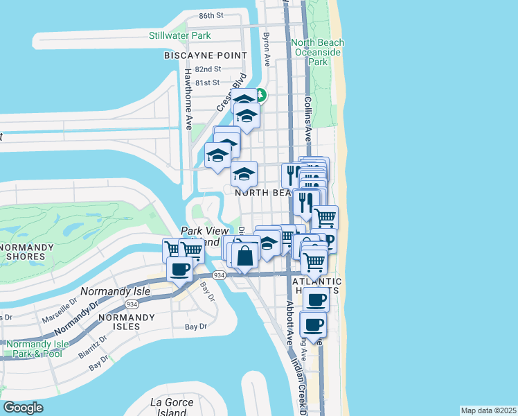 map of restaurants, bars, coffee shops, grocery stores, and more near in Miami Beach