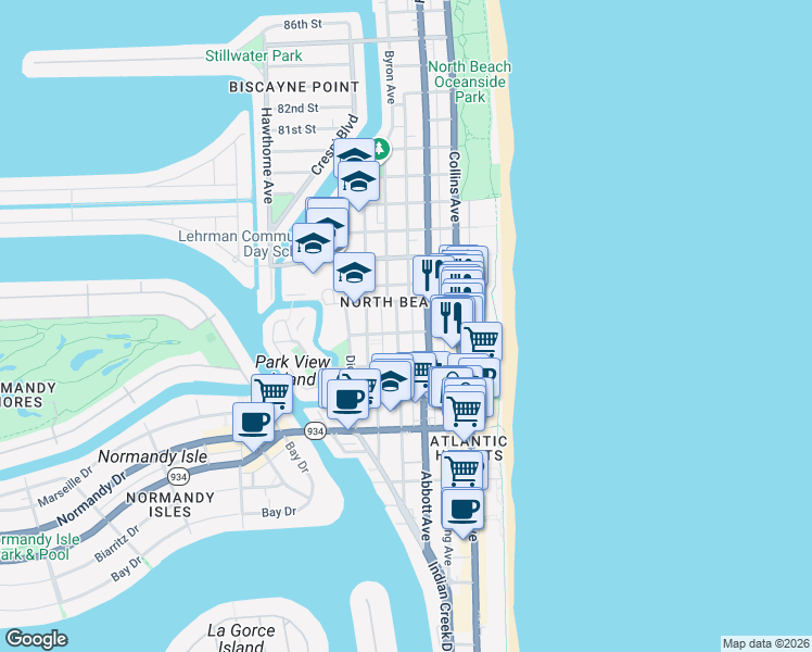 map of restaurants, bars, coffee shops, grocery stores, and more near 7418 Harding Avenue in Miami Beach