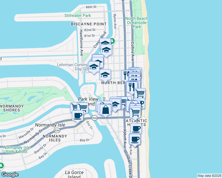 map of restaurants, bars, coffee shops, grocery stores, and more near in Miami Beach
