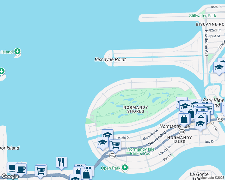 map of restaurants, bars, coffee shops, grocery stores, and more near 870 North Shore Drive in Miami Beach