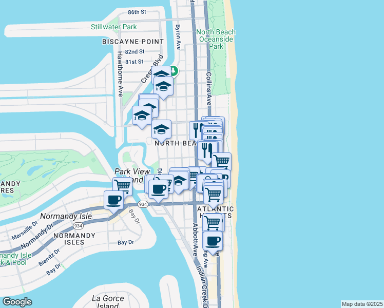 map of restaurants, bars, coffee shops, grocery stores, and more near 7400 Harding Avenue in Miami Beach